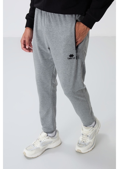 Tommy Life 84651 Erkek Fermuar Cepli Standart Kalıp Jogger Eşofman Alt Gri Melanj