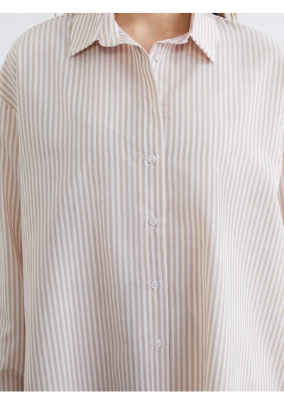 Lc Waikiki Lc Waıkıkı Bej Çizgili Oversize Poplin Kadın Gömlek Tunik