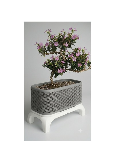 Kumiko Desenli Ayaklı Dikdörtgen Bonsai Saksısı Organik Pla, Doğa Dostu Dekoratif Bitki Saksısı Gri