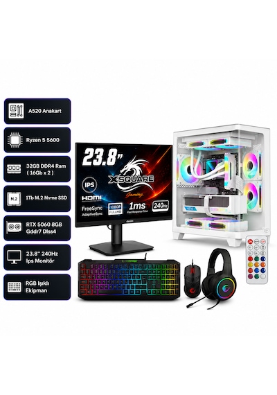 Ramtech Bilgisayar Okula Dönüş - 1 R5-5600 32 GB 1 TB M.2 SSD 8 GB RTX5060 23.8" Free Dos Masaüstü Oyuncu Bilgisayarı