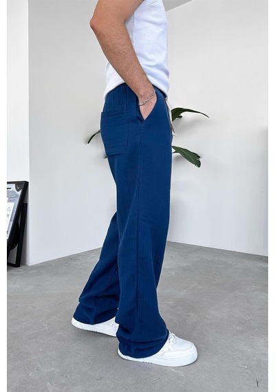 Lacivert Beach Walk Muslin Kumaş Baggy Pantolon Lacivert Lacivert Beach Walk Muslin Kumaş Baggy Pantolon Lacivert