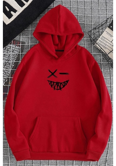 Uyguntarz Cartoon Graphic Thermal Lined Drawstring Sweatshirt Kırmızı