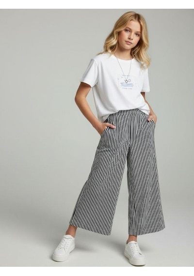 Zekids Kız Çocuk Çizgili Geniş Paça Pantolon-16894 Lacivert
