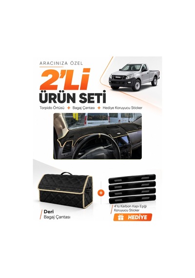 E-biz Isuzu D-max 2012-2019 Uyumlu Torpido Örtüsü + Deri Bagaj Çantası Seti - Siyah-bej - Is002
