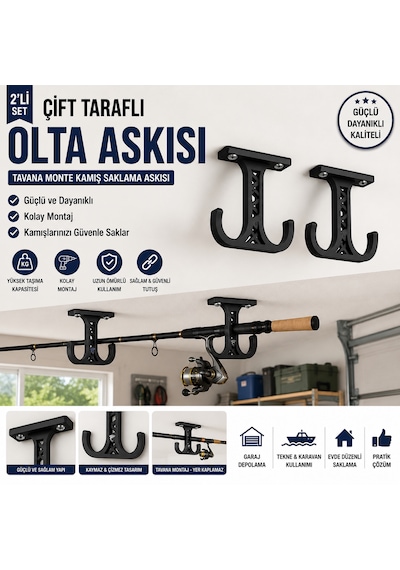 Tavan Tipi Çift Taraflı Olta Kamışı Askısı 2 Li Set Siyah