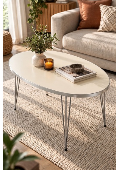 Sulorahome Gümüş Tel Ayaklı Oval Orta Sehpa Krem Bej
