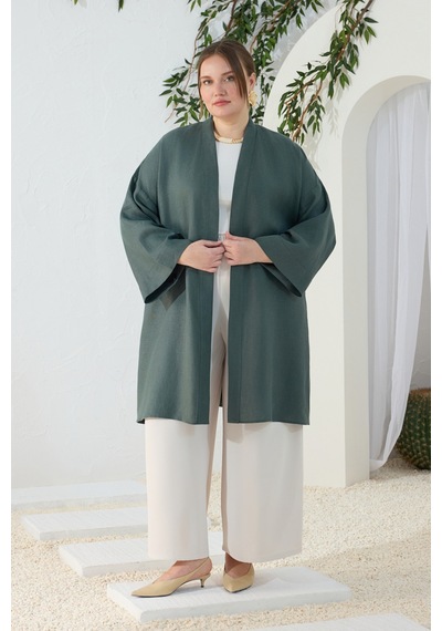 Aker Zümrüt Dökümlü Keten Kimono Zümrüt Zümrüt