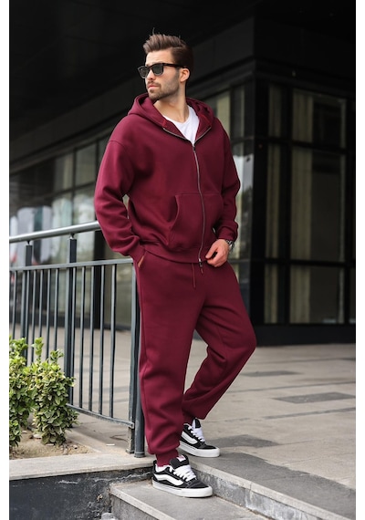 Madmext Bordo Çift Fermuarlı Kapüşonlu Eşofman Takımı E7345 Bordo