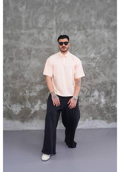 Erkek Polo Yaka Oversize T-shirt Açık Pembe