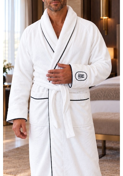 Varol Elegant Monogram Beyaz Erkek Bornoz Yüksek Gramajlı, Uzun Kesim, Şal Yaka