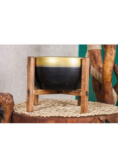 Bitki Tasarımı Ev Dekorasyon Gold Şeritli Siyah Aranjmanlık Sunumluk Bonzai Terracota Toprak Saksı 4 Ayaklı