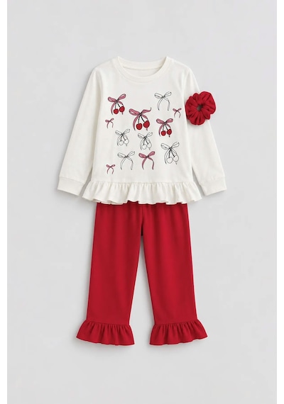 Zuzunga Kız Çocuk Cherry Fiyonk Desenli Fırfırlı Pijama Takımı Toka Hediyeli Kırmızı