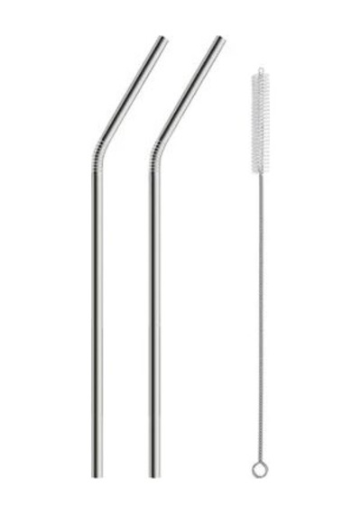 2 Li Paslanmaz Çelik Pipet + Temizleme Fırçası Gümüş
