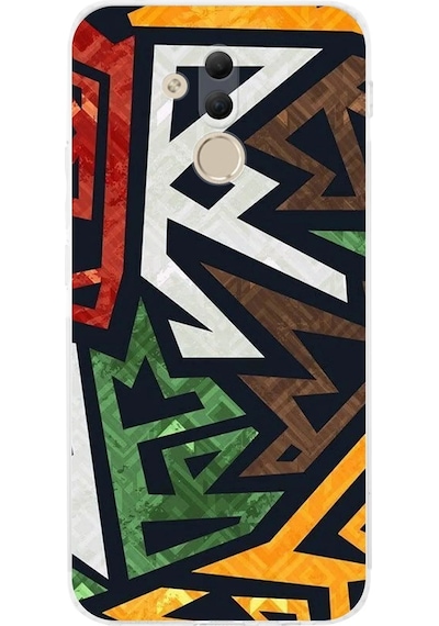 Huawei Mate 20 Lite Kamera Korumalı Kapak Soyut Grafiti Tasarımlı Şeffaf Kılıf Şeffaf