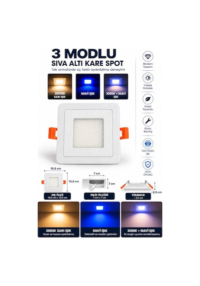 3w+3w 3 Modlu Sıva Altı Kare Led Spot 3000k Sarı Işık + Mavi Işık 10,5x10,5 Cm 7x7 Cm Delik Ölçüsü Beyaz