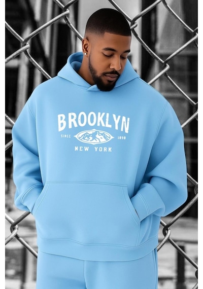 Benroma 3 İplik Penye Brooklyn Baskılı Büyük Beden Sweatshırt Bebe Mavisi