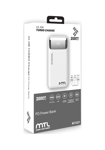 20000 Mah 22.5w Süper Hızlı Şarj Dahili Kablolu Dijital Led Göstergeli Pd Ve Qc 3.0 Powerbank Mt4320 Beyaz