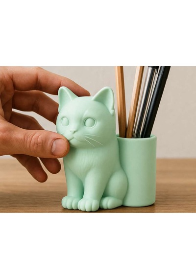 3d Baskı Kedi Figürlü Kalemlik - Masaüstü Organizer - Mint Diğer
