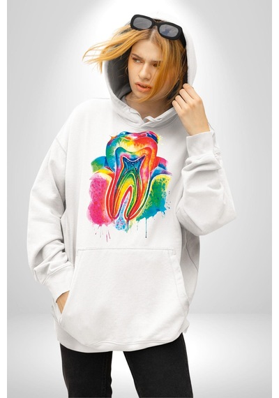 Diş Doktoru Diş Anatomisi Özel Tasarım Kadın Erkek Beyaz Kapüşonlu Sweatshirt Hoodie Beyaz