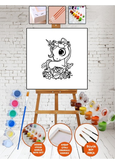 Sayılarla Kanvas Mini Unicorn Boyama 25x35 Tuval Fırça Etkinlik Ve Hobi Çocuk Seti