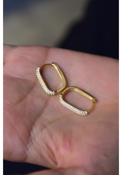 925 Ayar Gümüş Gold Kaplama Zirkon Taşlı Dikdörtgen Halka Küpe