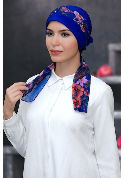 Hürrem Bone Saks Mavisi Pratik Hazır Geçmeli Tesettür Bone Sandy Kumaş Desenl Çok Renkli