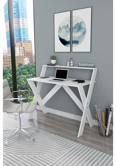 Enda Home X Ayaklı Raflı Ders Çalışma Masası 50x90 Cm Beyaz