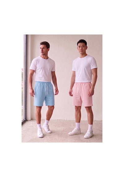 Machi Makiteks Mavi Pembe İkili Rahat Kesim Beli Lastikli Cepli Penye Şort Günlük Basic Rejenere Sweat Bermuda Mavi - Pembe