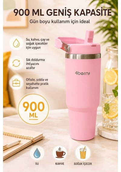 Ss119 900 Ml Çelik Termos Bardak Pipetli Kulplu Taşınabilir Su Matarası Pembe