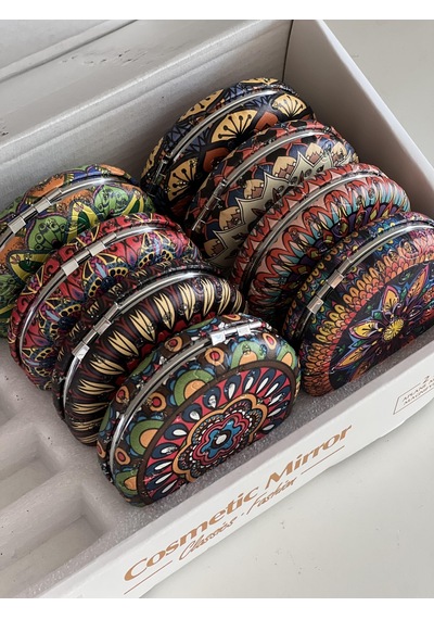 Çanta Boy / Cep Boy Büyüteçli Mandala Desenli Çift Taraflı El Aynası