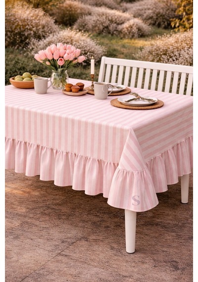 Buldan Keteni Fırfırlı Vintage Pembe Çizgili Masa Örtüsü Çok Renkli