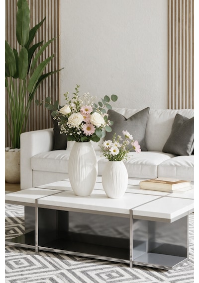 2'li Minimalist Vazo Set - Modern Salon Dekoru, Hediyelik - Hindistan Cevizi Dokulu - Beyaz
