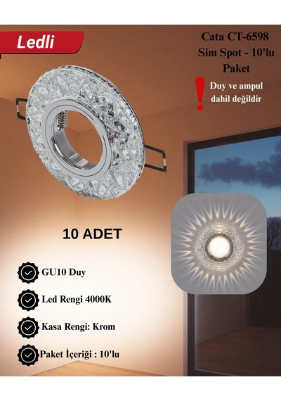 Cata Ct-6598 Sim Dekoratif Cam Spot Kasası - 10 Lu Paket Gümüş - Cam