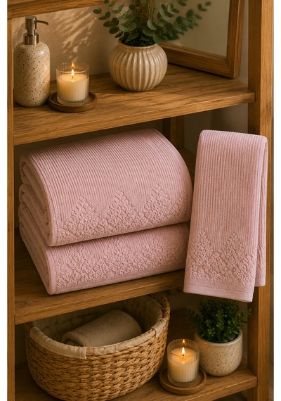 Çiçek Desenli 2 Li Banyo Havlu Seti 50 90 Baş Havlusu + 90 150 Banyo Havlusu - Pembe