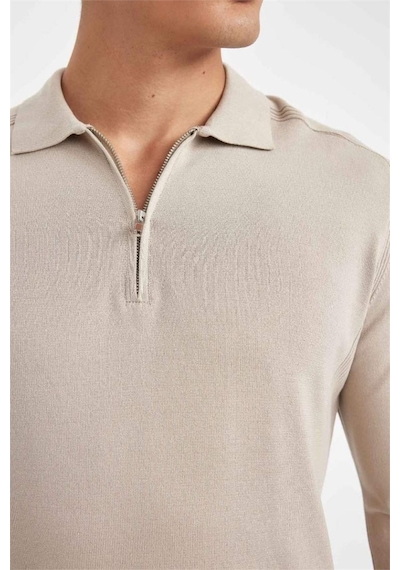 Defacto Standart Fit Normal Kesim Fermuarlı Polo Yaka Triko Kazak D0621AX24AU Bej