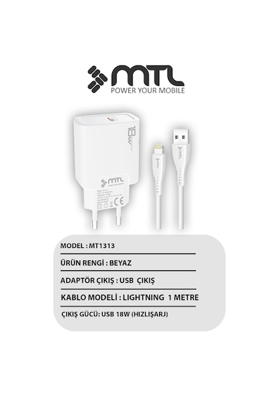 18w Qc 3.0 Destekli Hızlı Usb Adaptör + Lightning Apple Uyumlu iPhone Usb Kablo Hızlı Şarj Seti Mt1313
