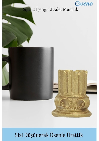Eskitme Mumluk Şamdan 3 Adet Tealight Uyumlu Tarihi Sütun Model - Altın