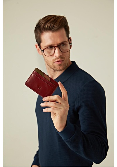 Helmbrook London Elton Erkek Bordo Plus Color Deri İnce Tasarım Çok Bölmeli Rfid Korumalı Kartlık Bordo