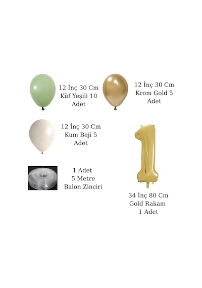 1 Yaş Retro Küf Yeşili Krom Gold Kum Beji Balon Seti Gold Rakam Doğum Günü Balonu Şık Parti Süsleme Çok Renkli