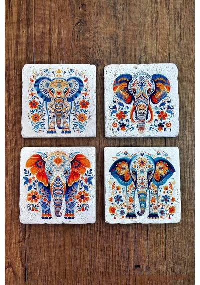 Doğal Taş Bardak Altlığı 4'lü Set 10x10x1 Cm Renkli Fil Baskılı -stone Coasters Çok Renkli
