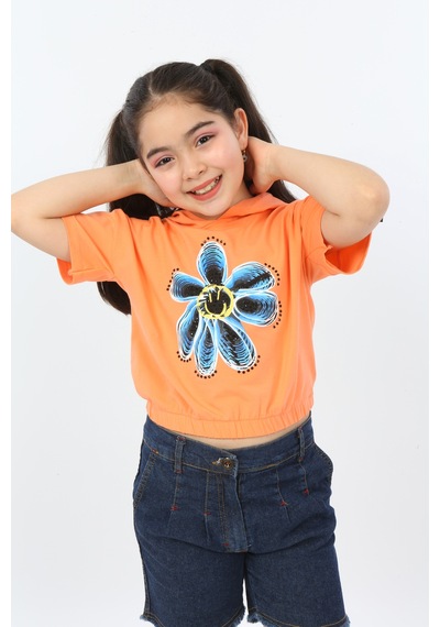 Toontoy Kids Toontoy Kız Çocuk Önü Çiçek Baskılı Tişört Oranj