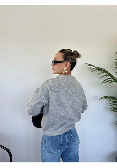 Keymoda Kadın Brooklyn Baskılı Kazak Gri Gri