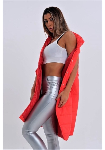 Genel Kırmızı Dik Yaka Cep Detaylı Uzun Şişme Yelek