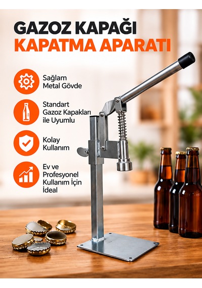 Gazzel Şişe Kapatma Aleti Gazoz Soda Şişesi Taç Kapak Makinası + 250 Adet Gazoz Kapağı Makine + 250 Adet Kapak