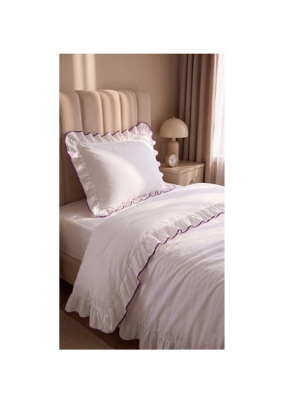 %100 Pamuk Overloklu Fırfırlı Tek Kişilik Nevresim Takımı Lastikli Çarşaflı 160x200 Cm Mor - 904799828 Mor
