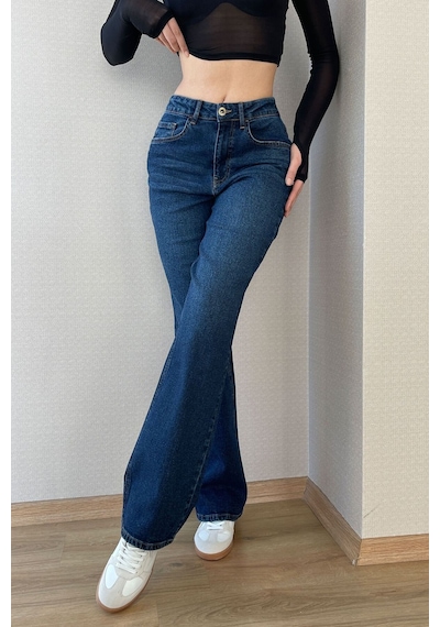 Koyu Mavi Kadın Wide Leg Jean Yüksek Bel Likralı Esnek Kot Pantolon Jessica-kymavi 001