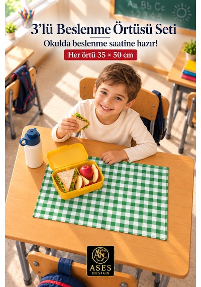 3 Lü Set Yıkanabilir Beslenme Örtüsü 35x50 Cm Yeşil Beyaz Kareli - Anaokulu Ve İlkokul