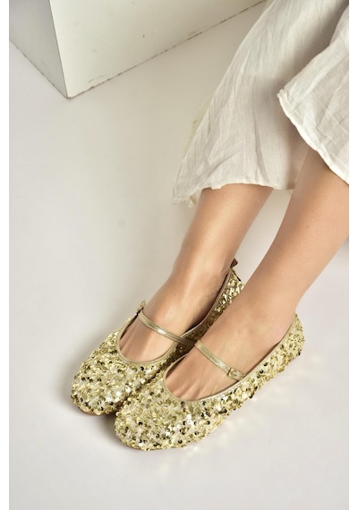 Fox Shoes Y250322040 Altın Kumaş Pullu Kadın Babet Altın