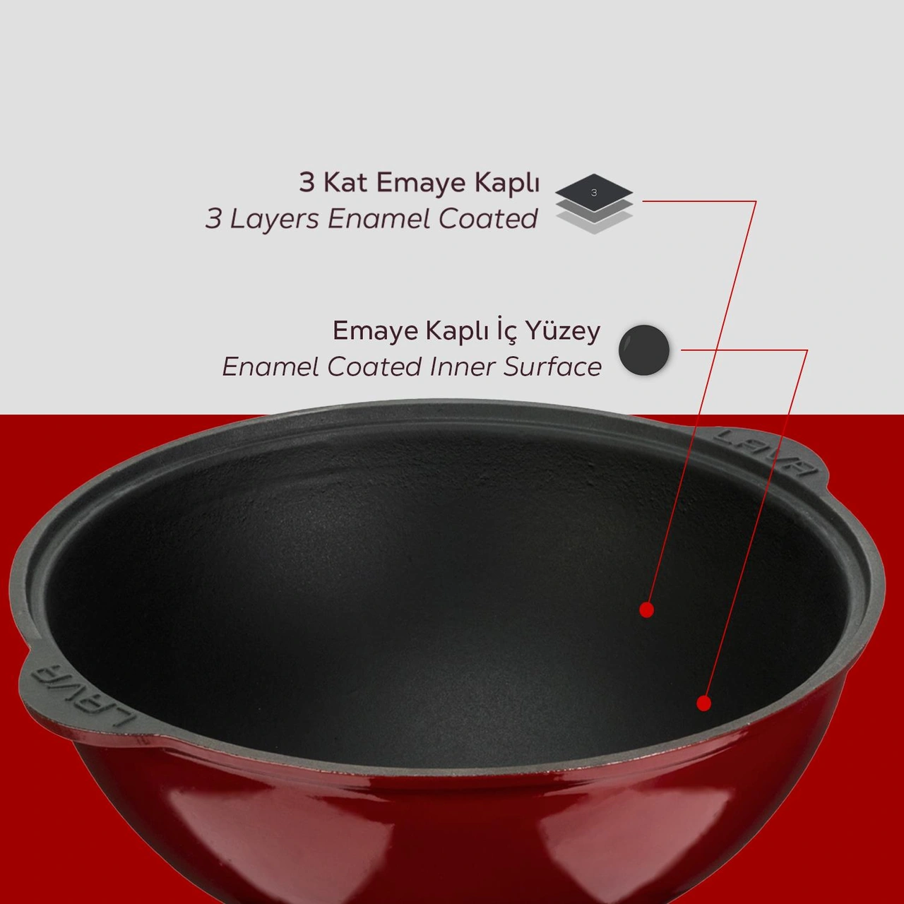 Lava Döküm Yuvarlak Özbek Kazanı / Tencere. Döküm Demir Yekpare Kulplu Çap Ø 28cm. Bordo