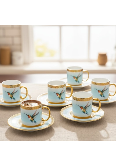 Stork Mavi Gold Renk Kuş Figürlü 6 Kişilik Porselen Kahve Fincan Takımı - 90 Ml. Mavi - Beyaz